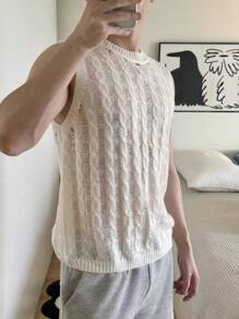Men's Vintage Cable Knit Colorblock Hollow Loose Sleeveless Pullover Sweater Vest, Streetwear Casual