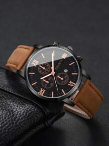 2 件套：男士时尚经典罗马数字表盘石英表和皮带（不含表盒）