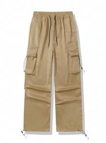 Men's Casual Multi-Pocket Straight Leg Cargo Pants, Drawstring Adjustable Waist And Hem, Oversized Loose Fit Wide Leg Trousers - Camel - View 2