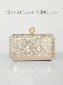 Simple Marble Pattern Box Shape Evening Clutch Bag, Suitable For Wedding, Party, Prom, Ladies Handbag, Shoulder Bag With Chain, Prom Bag For Party - Gold - View 1