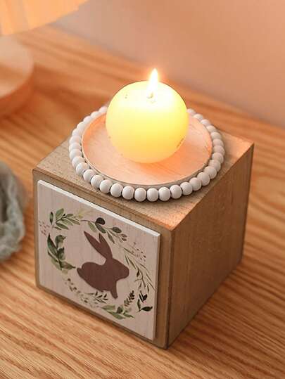1pc Wooden Square Rabbit Pattern Easter Candle Holder, Desktop Decor, Wedding Party Backdrop, Home Decoration, Holiday Accessory