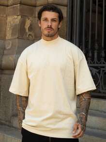 Oversized Plain Turtleneck Basic Streetwear T-Shirt For Men Unisex - 奶油色 - 查看 1