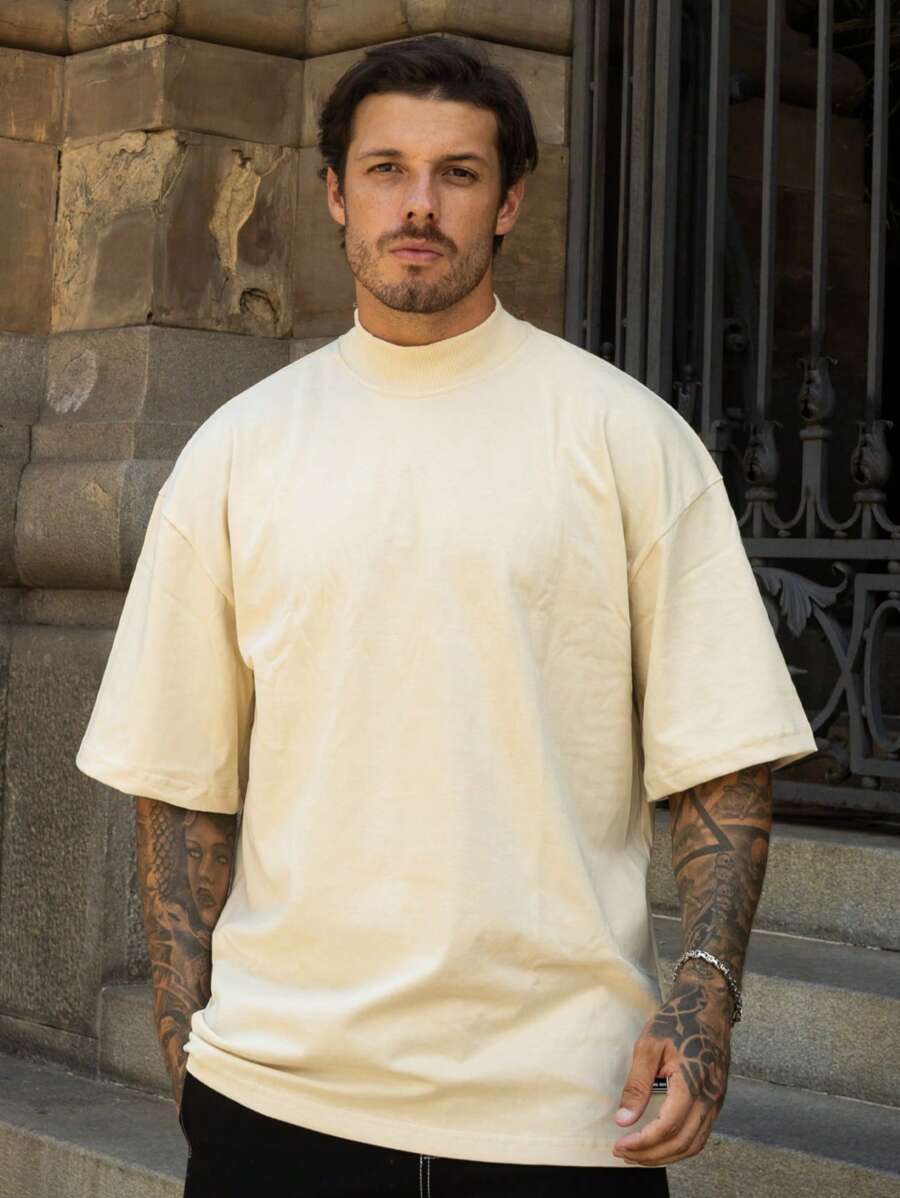 Oversized Plain Turtleneck Basic Streetwear T-Shirt For Men Unisex - 奶油色 - 查看 1