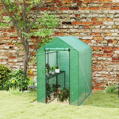 Outsunny Walk-In Greenhouse With 2 Tier 4 Shelves, Small Greenhouse With Reinforced PE Cover, Garden Plant Growhouse With Roll-Up Door, 120 X 186 X 190 Cm, Green