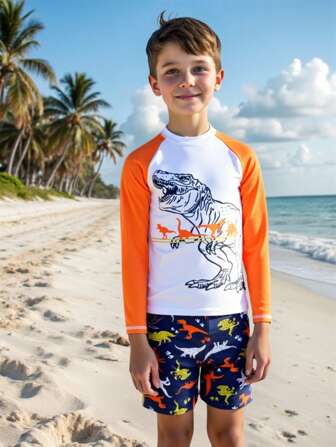 Nya barn baddräkter med tecknad dinosaurietryck och långärmad design för pojkar