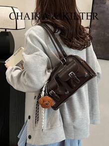 CHAIKA & KILTER 1 件闪亮 PU 皮革女士单肩包，带多个口袋，大容量波士顿风格，拉链开合，适合日常和户外使用（附吊坠） - 咖啡 - 查看 6