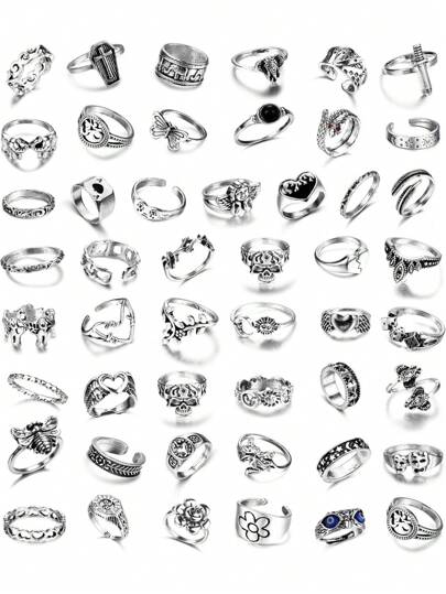 Milacolato 49PCS Vintage Silver Punk Rings Knuckle Rings Set For Men Women Snake Cross Flower Chunky Rings Open Adjustable Goth Punk Hip Hop Cool Midi Stackable Rings Pack