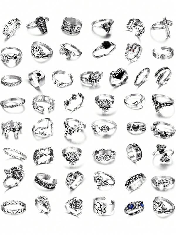 Milacolato 49PCS Vintage Silver Punk Rings Knuckle Rings Set For Men Women Snake Cross Flower Chunky Rings Open Adjustable Goth Punk Hip Hop Cool Midi Stackable Rings Pack