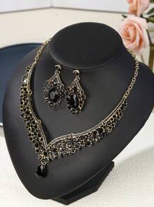 3pcs/Set Women Bride Wedding Necklace & Earrings Jewelry Set, Exquisite Party/Wedding Accessories Combination - Black - View 5