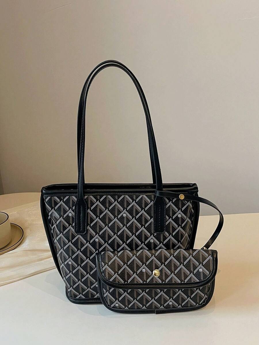 新款时尚经典百搭大容量双手柄字母图案装饰设计撞色设计单肩托特包二合一组合包女士钱包优雅商务通勤包适合通勤上班外出购物时使用 - 黑色 - 查看 1