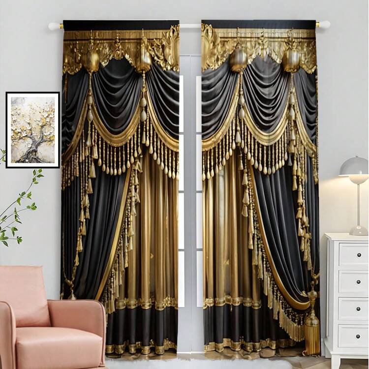 2 PIEZAS Cortinas doradas lujosas para la sala de estar, el dormitorio, la oficina - Cortinas decorativas - Dorado - Añade 7