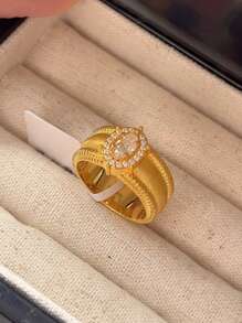 小众设计，复古鸽子蛋戒指，女款拉丝珠闪耀水钻宽面，拉丝戒指，小众时尚设计，百搭戒指，时尚高级感，优雅手链，女士日常派对配饰，时尚首饰，闺蜜礼物 - 金色 - 查看 5