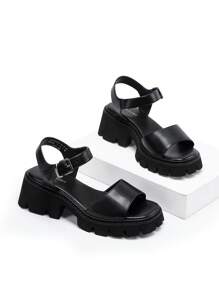 Women's Lug Sole Low Platform Summer Sandals, Stylish Open Toe Chunky Block Ankle Straps Heels Sandals For Summer/Spring - màu đen - Xem 5