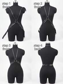 1pc Women PU Leather Goth Style Bralette And Adjustable Waist Belt, Hollow Body Chain, Sexy Waist Belt Wearable Accessory, Suitable For Casual Daily Outfit - Black - View 6