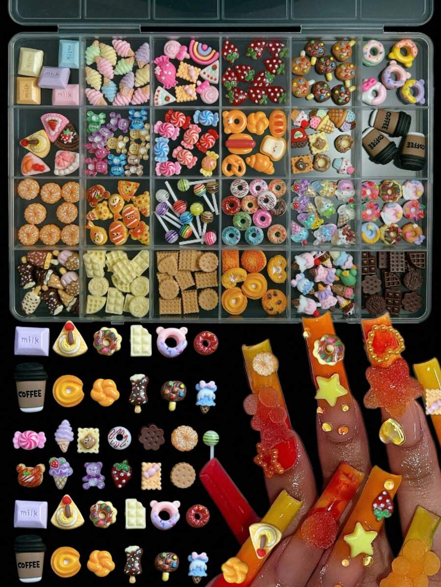 1box Random Mixed ABS Simulation Food Play Cute Cookie Nail Charms Y2K Bread Cake Fruit Chocolate Cookie Ice Cream Coffee Candy Nail Art Decorations Accessories DIY - 彩色 - 查看 1