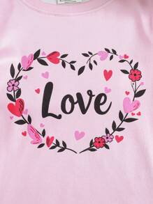 2pcs Girls Snug Fit Pajama Set, Round Neck Floral Wreath & Heart Print Short Sleeve Top And Long Pants, Comfy Holiday Loungewear - Pink - View 3