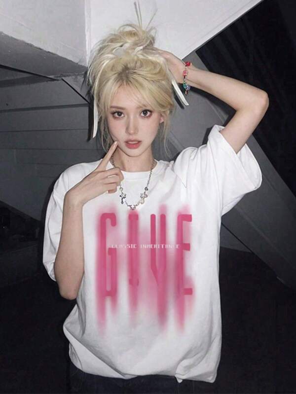 女士休闲圆领宽松英文字母印花短袖 T 恤，百搭，适合春夏季