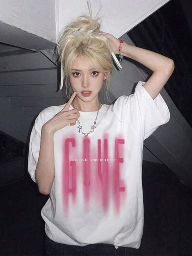 女士休闲圆领宽松英文字母印花短袖 T 恤，百搭，适合春夏季 - 白色 - 查看 1