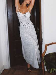 Polka Dot Splice Asymmetrical Neck Tie Backless A-Line Dress For Summer Holiday - White - View 1