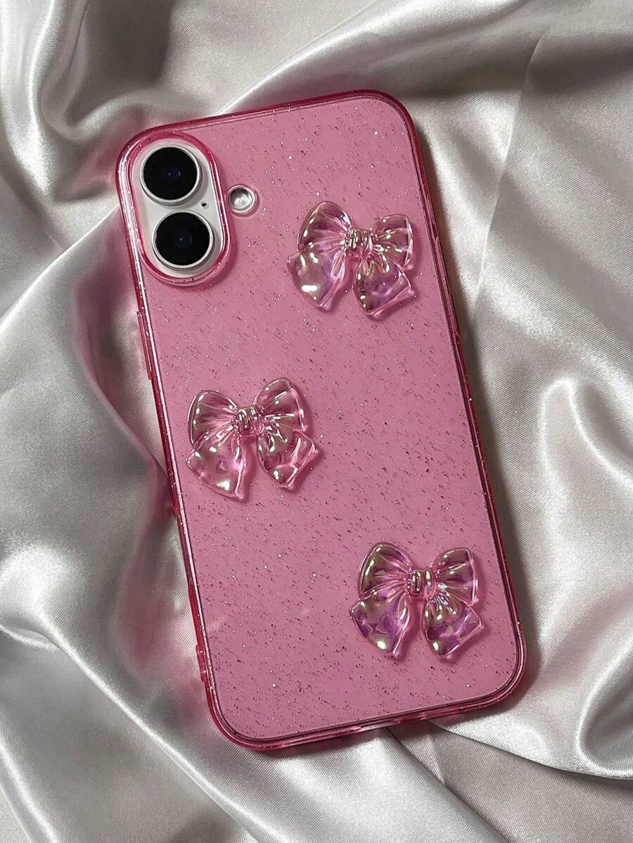 粉色激光蝴蝶结时尚亮粉色激光蝴蝶结装饰保护手机壳,适用于 7/8 Plus/X/XR/Xs Max/11/12/13/14/15/16 Pro Max,防摔防水防震防刮,派对礼物 - 粉色 - 查看 1