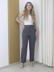Women's Refreshing Plain Tailored Trousers With Button - Maxma 6631 - Gray 2 - View 3