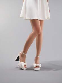 Women's Bowknot Waterproof Platform Sandals, Shiny PU Leather Thick Sole Open Toe Summer Wedding Party Square Toe Chunky High Heel Shoes, White - White - View 3