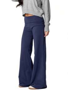 Women Fold Over Yoga Pants Low Rise Solid Color Stretch Casual Straight Wide Leg Palazzo Pants Loose Fit Comfy Flared Leggings Gym Lounge Pants Bootcut Bell Bottoms Baggy Sweatpants Teen Girl Back To School Bottoms Y2k Streetwear - 藍色 - 查看 4