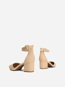 Women Pointed Toe Low Chunky Heels Pumps Ankle Strap Elegant Versatile Simple Shoes - Apricot - View 8