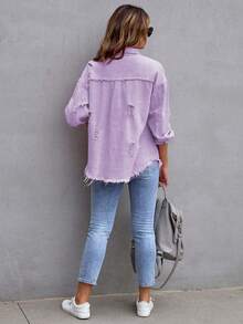 Ladies Single-Breasted Drop Shoulder Long Sleeve Denim Blouse - Mauve Purple - View 4
