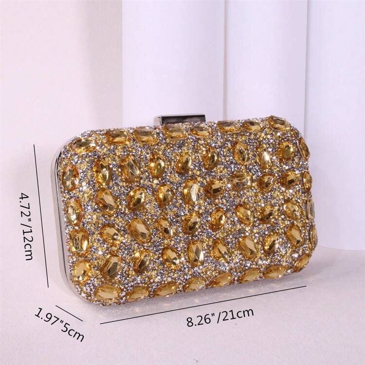 1pc Solid Color Asymmetrical Acrylic Diamond Decor Handbag With Detachable Strap, Stylish Luxury Evening Clutch For Women, Suitable For Daily, Party, Wedding - Gold - View 4