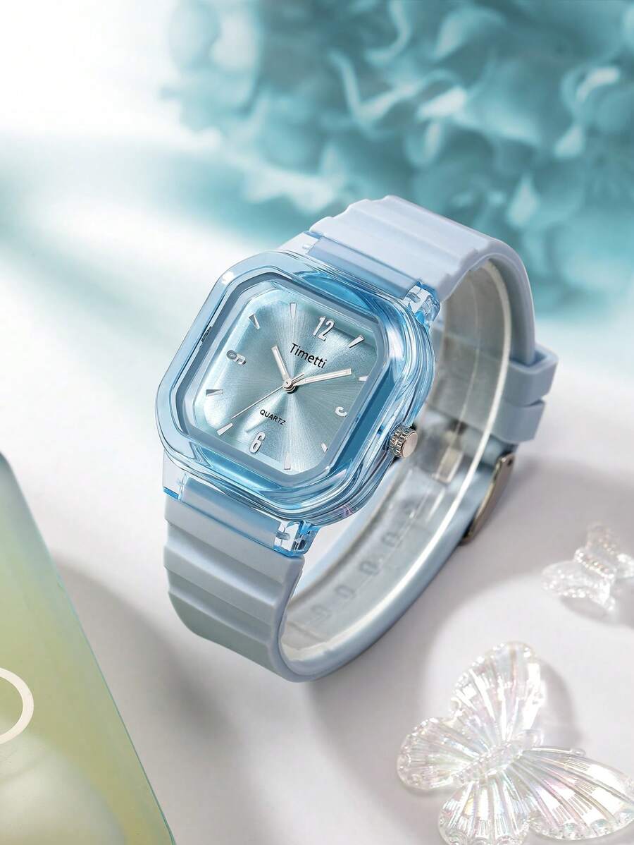 1 Đồng hồ đeo tay thạch anh dây silicon hình vuông tối giản giá cả phải chăng cho nữ, thích hợp đeo hàng ngày - Màu xanh lam - Xem 1