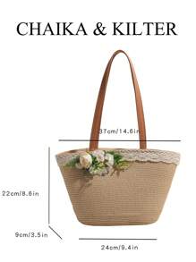 CHAIKA & KILTER 1 szt. Jednokolorowa torba z tkaniny tkanej, damska modna, swobodna torba plażowa o dużej pojemności, koronkowe wykończenie, kwiatowy podwójny uchwyt, zapięcie na zamek błyskawiczny, odpowiednia do podróży, zakupów, randek, prezentów dla kobiet, nastolatków, studentów, początkujących i pracowników umysłowych, idealna do biura, szkoły, pracy, biznesu, dojazdów, na zewnątrz, podróży, pikniku