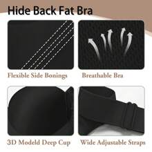 Women's Push Up Bra Hide Back Fat Full Coverage Uplift Shapewear Bra For Back Fat Smoothing Bra T Shirt Bra - Black - View 5