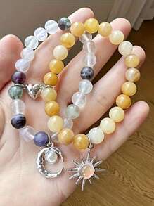 2Pcs/Set Matching Sun & Moon Charms Stone Beads Bracelets For Couples Best Friend, Matching Heart Charm Bracelets Gifts For Couples Friendship Jewelry To Sister Bestie Long Distance Gift For Bf Gf - Multicolor - View 2