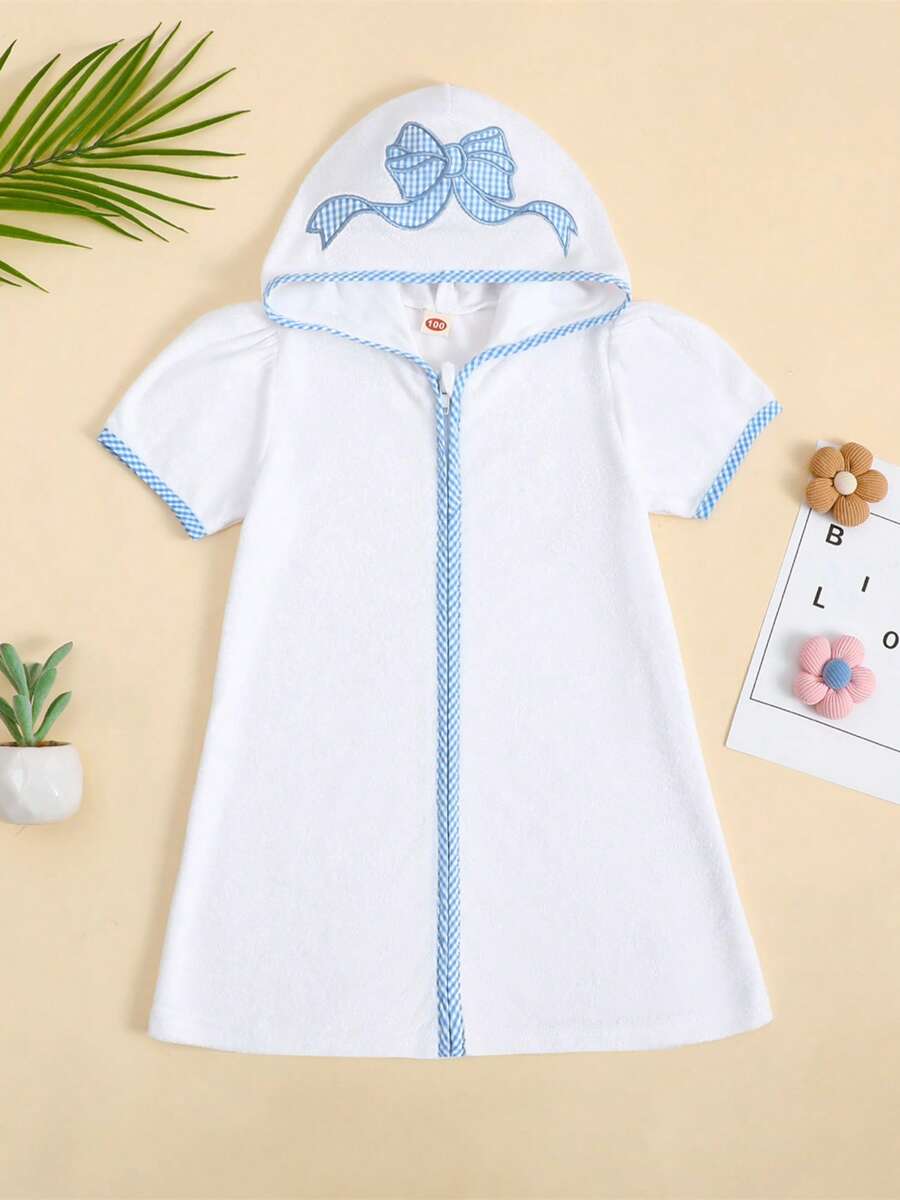 1-6 Years Kid Swim Coverups Bow Toddler Baby Boy Girl Terry Swimsuit Bow Elephant Embroidery Short Sleeve Hooded Terry Cloth Robe Zip-Up Towel Beachwear Beach Pool Bathing Suit Bathrobe Cover Ups - 藍色 - 查看 1