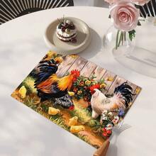 4 件套鸡场印花亚麻餐垫 - 100% 编织亚麻矩形桌垫，适用于餐厅、厨房 - 可洗、防滑、耐热餐垫，适用于咖啡桌、餐桌装饰