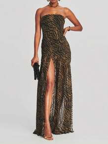 Women Y2k Tube Top Maxi Dress Strapless Backless Tropical Leopard Print Mesh Patchwork High Slit Long Dress Party Club Prom Bodycon Dresses Summer Beach Going Out Dresses - màu nâu - Xem 1