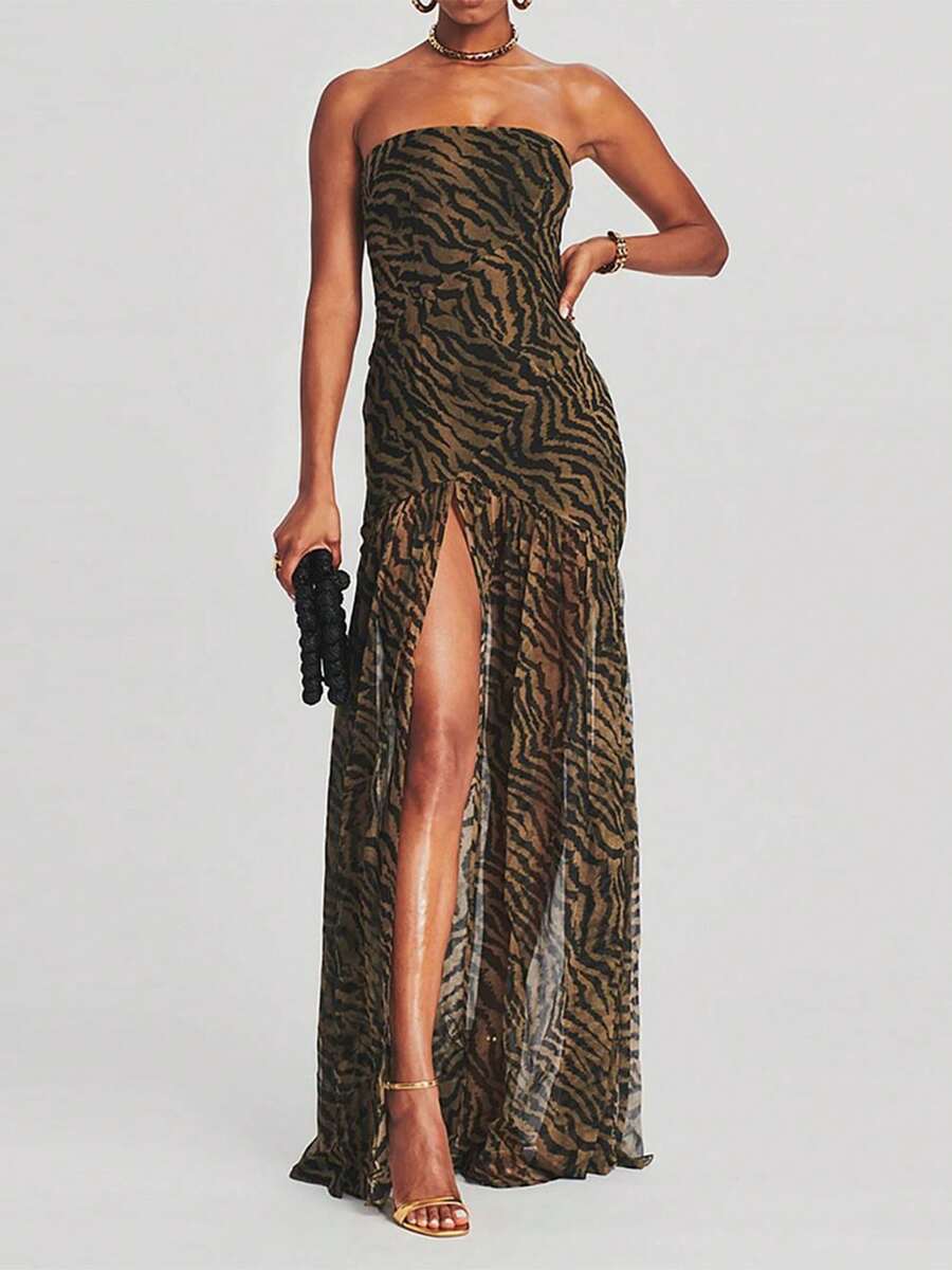 Women Y2k Tube Top Maxi Dress Strapless Backless Tropical Leopard Print Mesh Patchwork High Slit Long Dress Party Club Prom Bodycon Dresses Summer Beach Going Out Dresses - màu nâu - Xem 1
