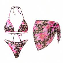 Allurini 2025 Summer Beach 3 PiecesBikini Set, Sexy Tie-Up Triangle Bra, Cover-Up Sarong & Thong Swimwear, Printed Pattern Swimwear Elegant - Multicolor - View 1