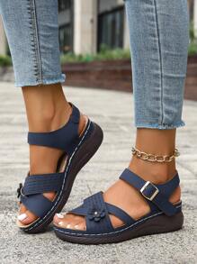 Dép quai vuông vàng trang trí hoa mùa hè mới cho nữ, thời trang thanh lịch, giản dị, thoải mái, thoáng khí, du lịch, bãi biển, dép đế xuồng đế dày hở mũi, thiết kế rỗng đan chéo - Xanh đậm - Xem 5