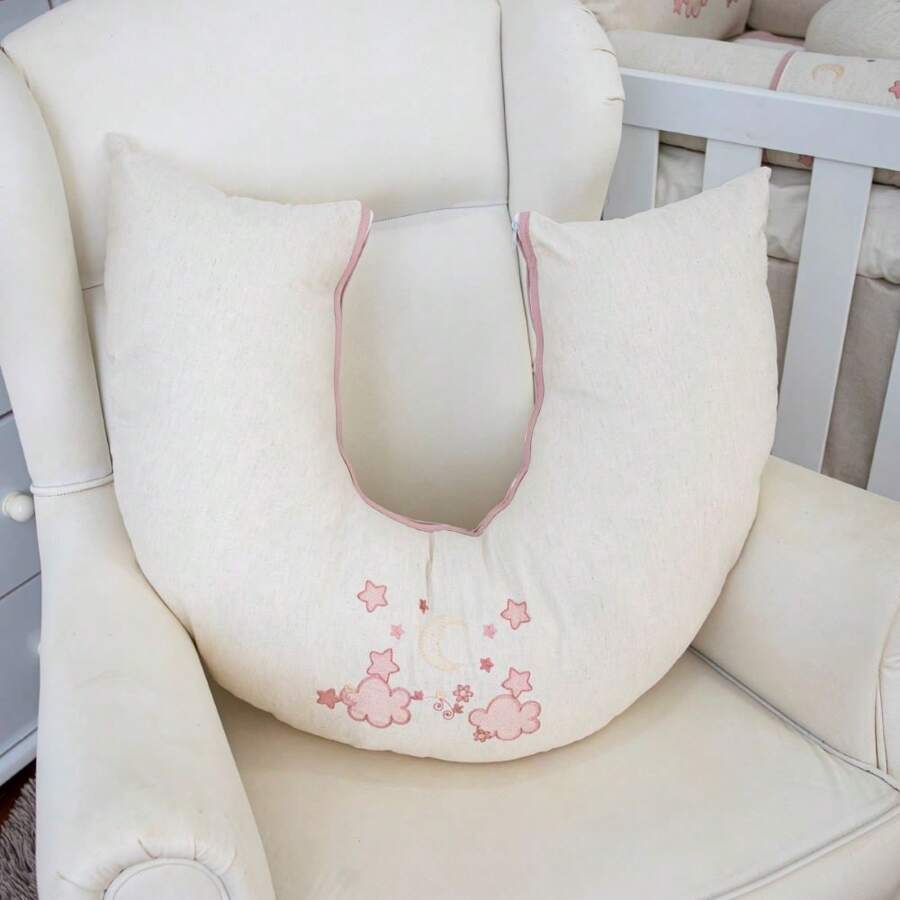 Nursing Pillow In 100% Cotton Linen With Embroidered Zipper For Boys And Girls Baby Layette - Rosa Pálido - Ver 1