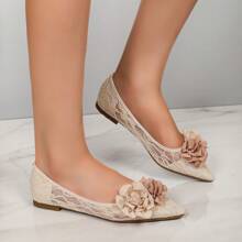 Women Lace Mesh Flats, Pointed Toe Camellia Versatile Comfortable Slip-On Shoes, Summer - Apricot - View 7