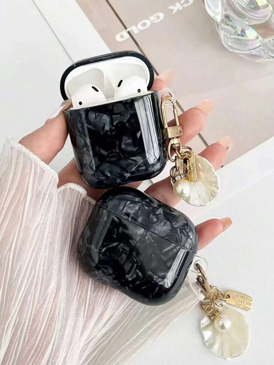 1pc Black Shell Texture With Small Pearl Hanging Chain Earphone Case Compatible With 1/2/3/Pro/Pro 2nd, Protective Cover - Black - View 1