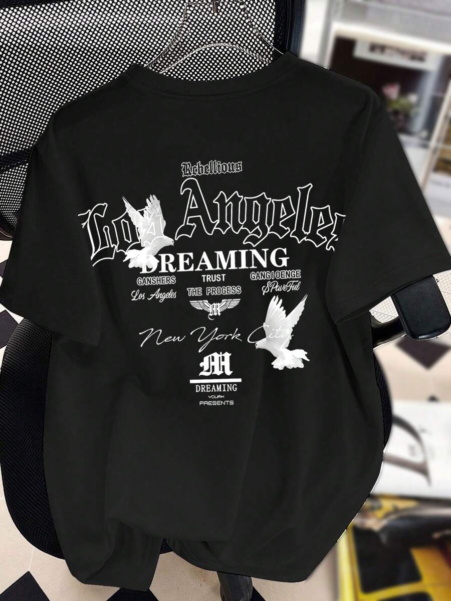 青少年男孩宽松大码休闲简约，小男孩长袖，信仰之鸟和字母印花，休闲图案套头衫，夏季短袖T恤 - 黑色 - 查看 1