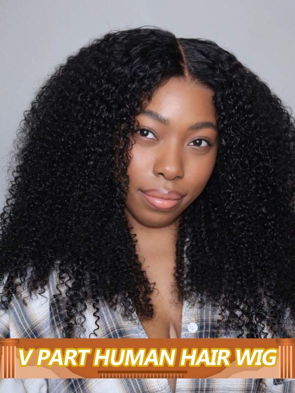 Afro Kinky Curly V Part Wigs para mulheres Peruano Remy Cabelo Humano Fácil de Usar e Usar Peruca 200% Densidades Natural Preto Peruca Longa