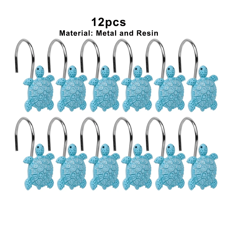 12 件航海海龟装饰浴帘挂钩，热带海滩主题蓝海龟浴室装饰窗帘环 - 藍色 - 查看 1