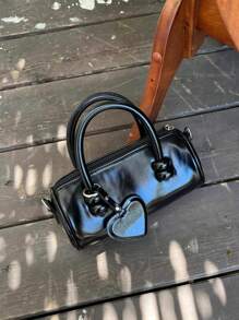 深色优雅亮面油皮圆柱包，小众设计波士顿枕头小包，时尚西式手提斜挎包 - 黑色 - 查看 3