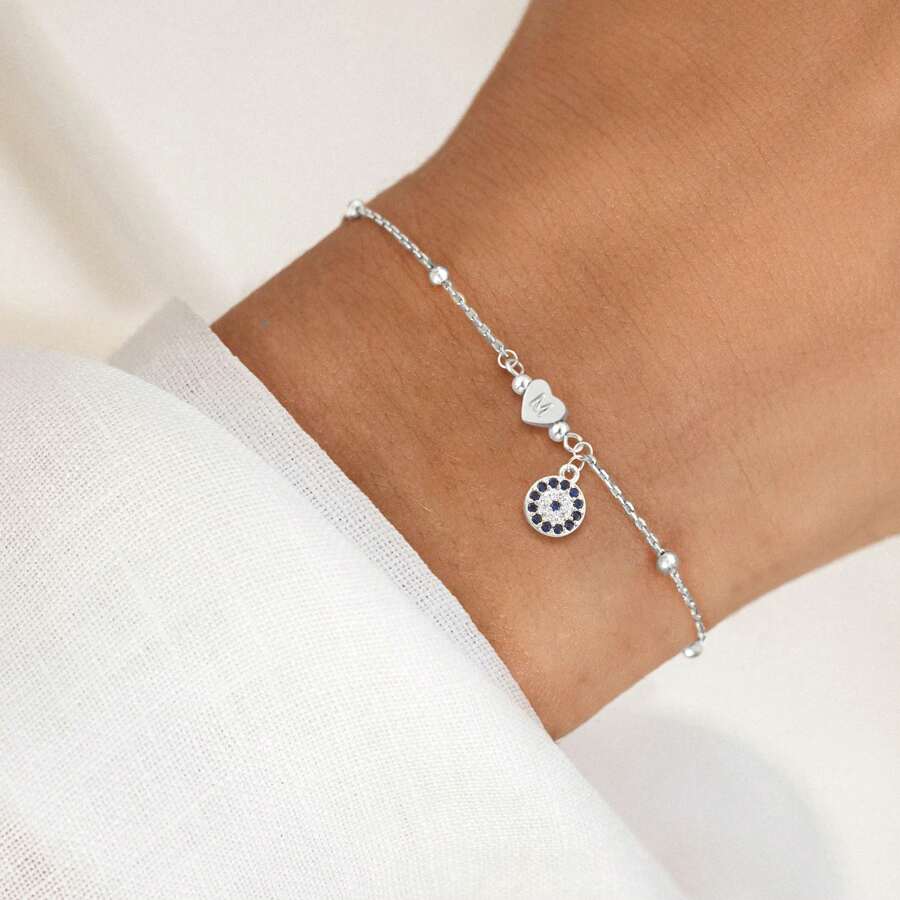 1件新款圆形蓝眼睛心形字母银色不锈钢串珠链手链，女士 - 銀色 - 查看 1