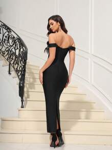 Love Aing 女士闪亮露肩开衩性感名人派对礼服、婚礼宾客礼服、优雅修身紧身鸡尾酒会礼服 - 黑色 - 查看 8