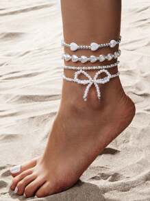4pcs Bohemian Beach Vacation Style Bowknot Faux Pearl Heart Shape Golden CCB Anklet,Suitable For Ladies Vacation Wear - Multicolor - View 2